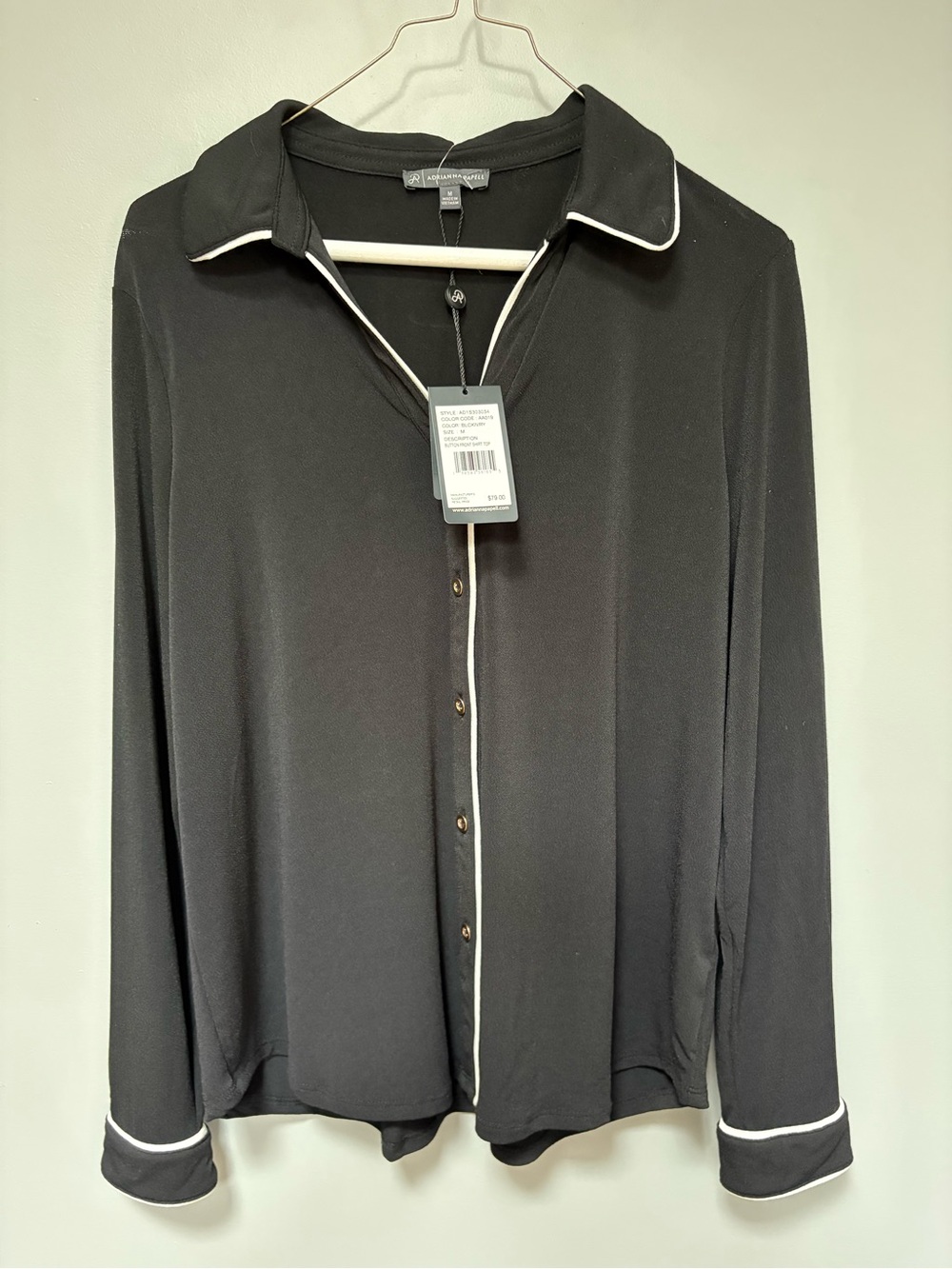 Adrianna Papell NEW Collar Black‎ Button-Down Shirt White Piping Size M MSRP $79